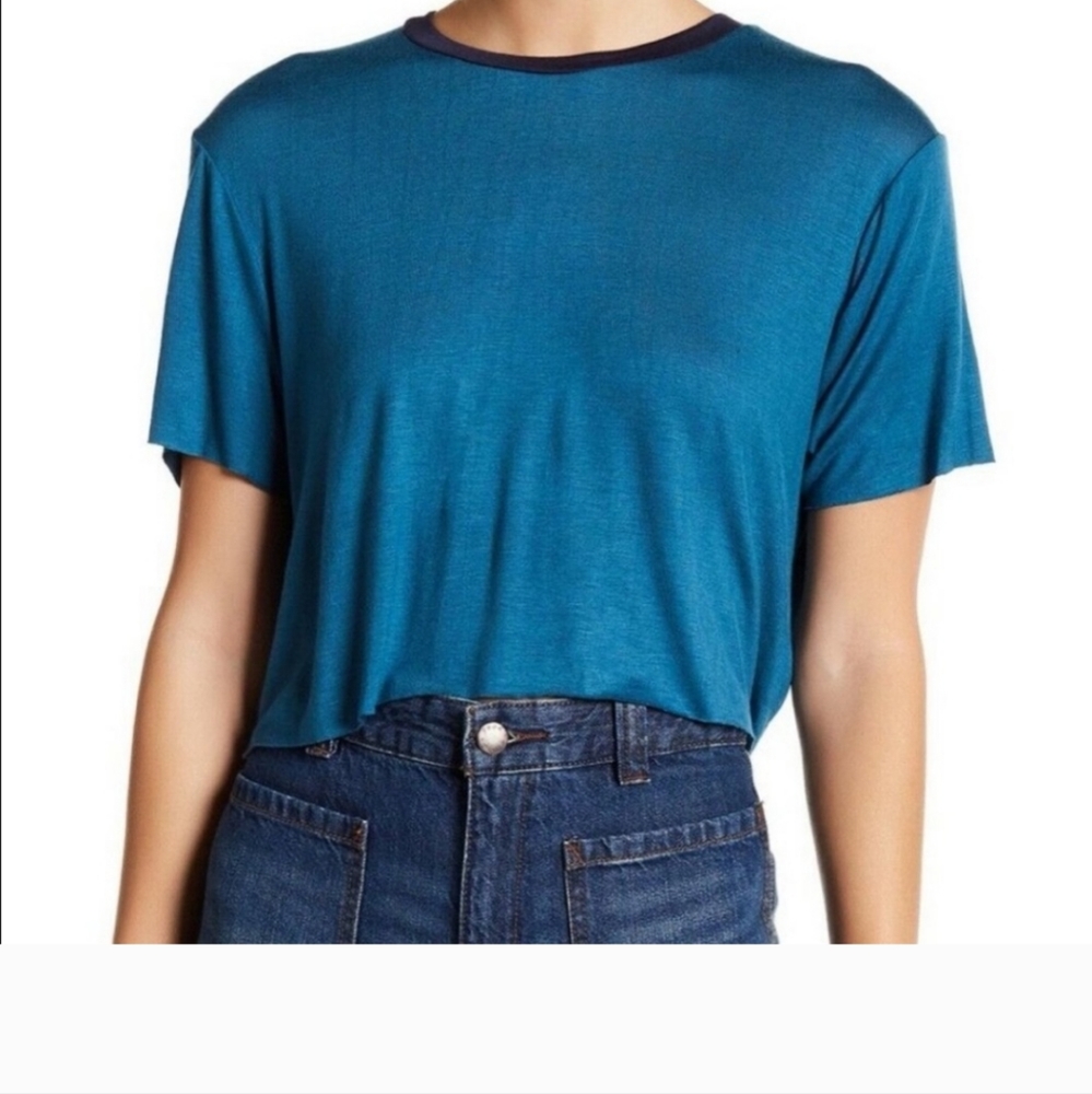Project Social T blue crop top, Urban Outfitters, raw hem, soft, stretchy, Med
